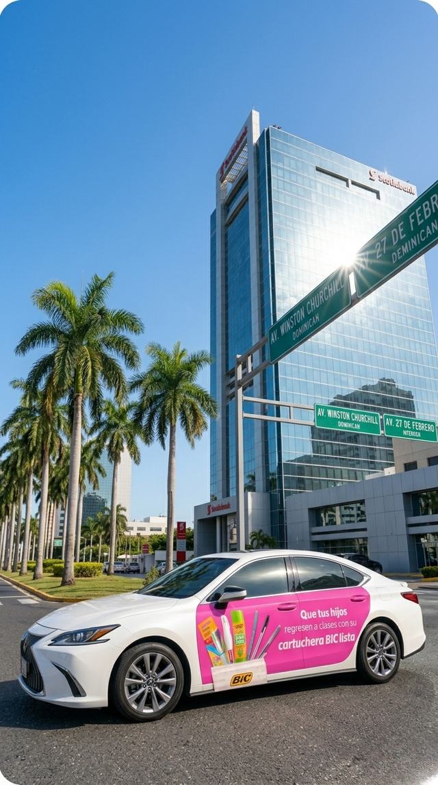 Vehículo rotulado con campaña de BIC frente a torres de Santo Domingo